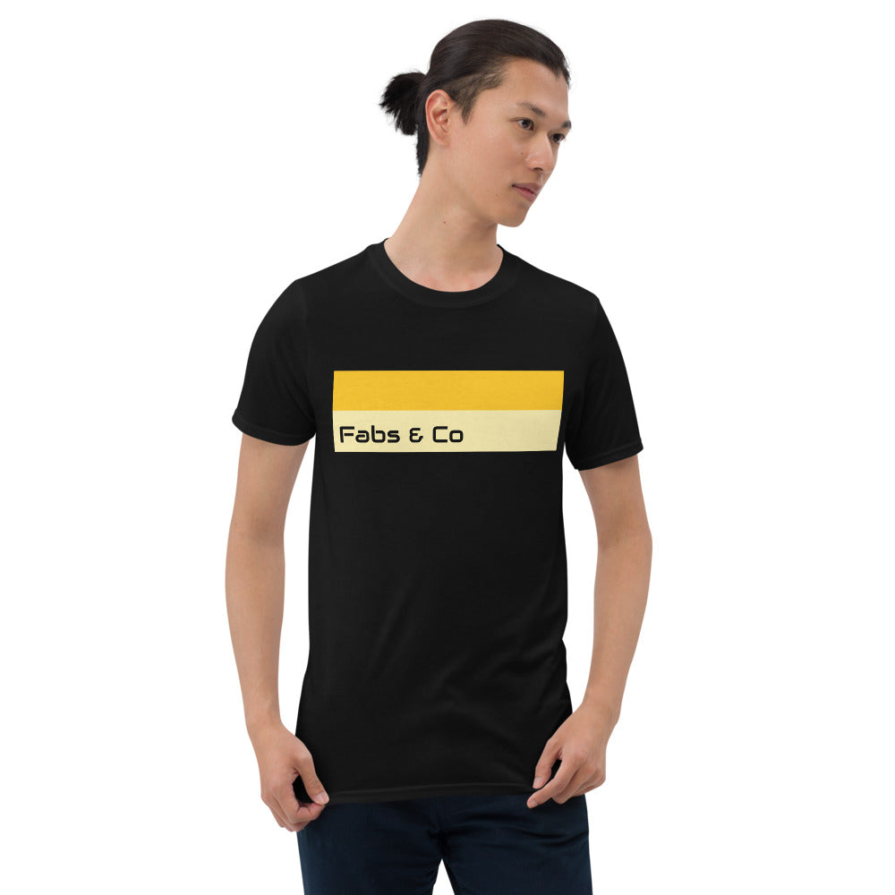 Yellow Double Stripe Wordmark Mens Logo T-Shirt