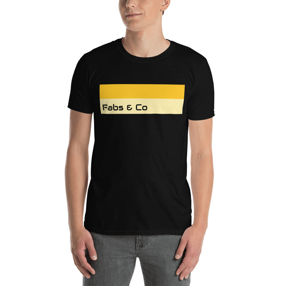 Yellow Double Stripe Wordmark Mens Logo T-Shirt